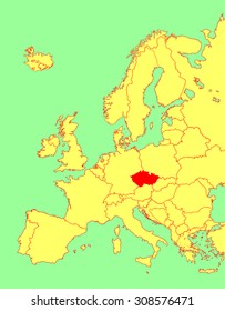 Czech Republic vector map, Europe. Vector map silhouette illustration isolated on Europe map. Editable blank vector map of Europe.
