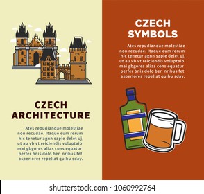 Czech Republic vector posters of sightseeing symbols and Prague travel attraction icons