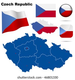 Tschechische Republik Vektor-Set. Detaillierte Landesform mit regionalen Rändern, Flaggen und Symbolen einzeln auf weißem Hintergrund.
