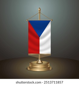 Czech Republic Vertical table flag with golden pole on dark gradient background, Template banner vector  Illustration