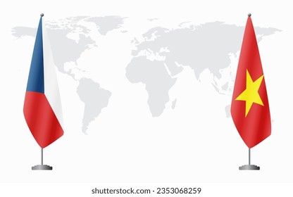 Czech Republic and Vietnam flags for official meeting against background of world map.