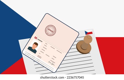 Czech Republic visa, open stamped passport with visa approved document for border crossing. Immigration visa concept. Background with Czech Republic flag. vector illustration