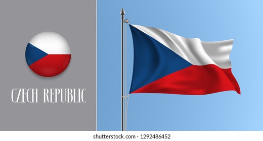Czech republic waving flag on flagpole and round icon vector illustration. Realistic 3d mockup of circle button 