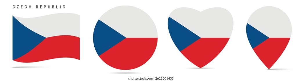 Bandeira de onda da República Checa, círculo redondo distintivo adesivo, ícone em forma de coração, pino do mapa. Botões de bandeira da Chéquia de diferentes formas. Ilustração vetorial isolada em branco.
