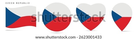 Czech Republic waving flag, round circle sticker badge, heart shaped icon, map pin. Czechia flag buttons of different shapes. Vector illustration isolated on white.