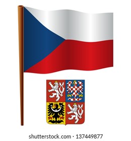 czech republic wavy flag and coat of arms against white background, vector art illustration, image contains transparency
