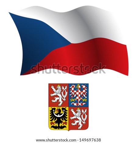 czech republic wavy flag and coat of arms against white background, vector art illustration, image contains transparency