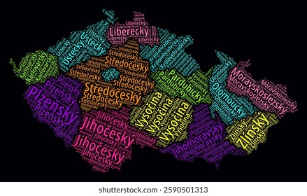 Czech Republic Word Cloud. Region names of the country in Czech language. Bright neon style design on dark background. Country shape with administrative division. Modern vector illustration.
