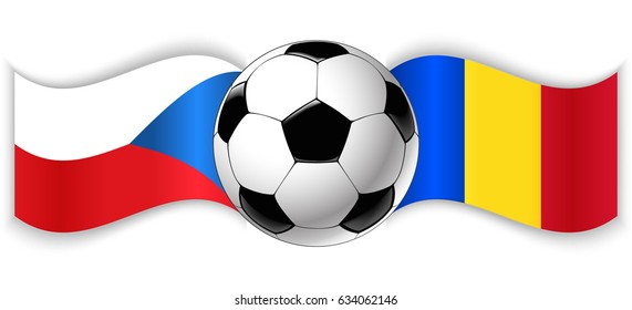 Czech and Romanian wavy flags with football ball. Czech Republic combined with Romania isolated on white. Football match or international sport competition concept.