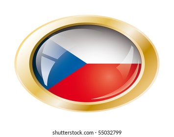 Czech shiny button flag with golden ring vector illustration. Isolated abstract object against white background.