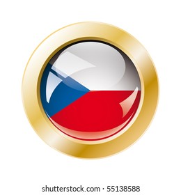 Czech shiny button flag with golden ring vector illustration. Isolated abstract object against white background.