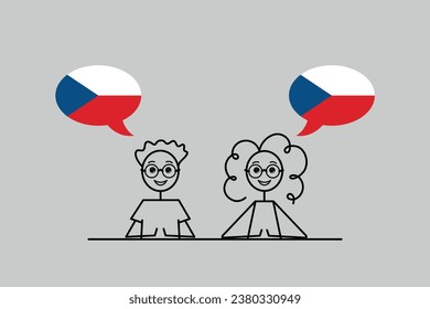 czech speakers, cartoon boy and girl with speech bubbles in Czech flag colors, learning czech language vector illustration