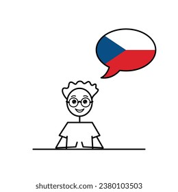 czech speaking cartoon boy with speech bubble in flag of Czech Republic colors, male character learning czech language vector illustration, black line sketch