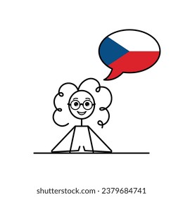 czech speaking cartoon girl with speech bubble in flag of Czech Republic colors, female character learning czech language vector illustration, black line sketch