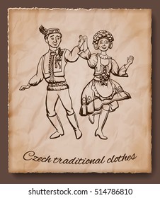 Czech traditional clothes vector illustration. Man and woman in national czech costume. Vector line illustration