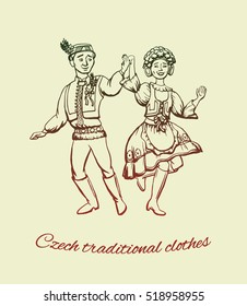 Czech traditional clothes vector illustration. Man and woman dancing in national czech costume.