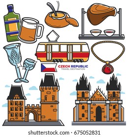 Czech travel landmarks and culture famous sightseeing vector icons set