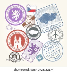 Czech travel stamps set, Prague journey symbols, stickers and labels, vector