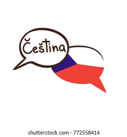 Czech. Vector illustration with two hand drawn doodle speech bubbles with a national flag of Czech Republic and hand written name of language. Modern design for language course or translation agency.