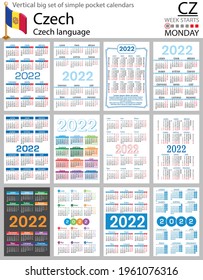 Czech vertical Big set of pocket calendars for 2022 (two thousand twenty two). Week starts Monday. New year. Color simple design. Vector