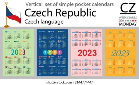 Czech vertical pocket calendar for 2023 (two thousand twenty three). Week starts Monday. New year. Color simple design. Vector