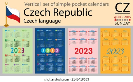 Czech vertical pocket calendar for 2023 (two thousand twenty three). Week starts Sunday. New year. Color simple design. Vector