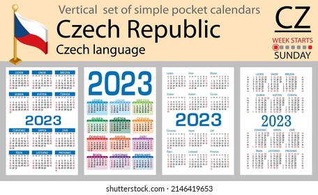 Czech vertical pocket calendar for 2023 (two thousand twenty three). Week starts Sunday. New year. Color simple design. Vector