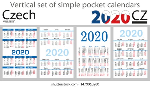 Czech vertical set of pocket calendars for 2020 (Two thousand nineteen). Week starts Monday. New year. Color simple design. Vector