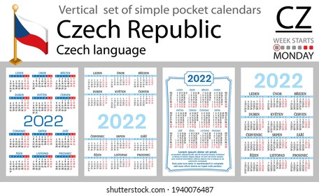 Czech vertical set of pocket calendars for 2022 (two thousand twenty two). Week starts Monday. New year. Color simple design. Vector