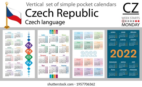 Czech vertical set of pocket calendars for 2022 (two thousand twenty two). Week starts Monday. New year. Color simple design. Vector