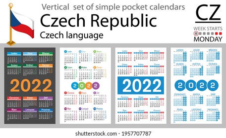 Czech vertical set of pocket calendars for 2022 (two thousand twenty two). Week starts Monday. New year. Color simple design. Vector