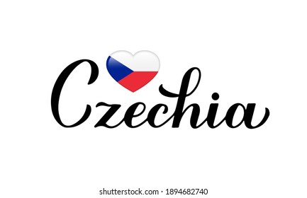 Czechia calligraphy hand lettering isolated on white. Czech flag in shape of heart. Easy to edit vector template for typography poster banner, flyer, sticker, shirt, postcard, etc.