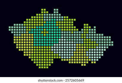 Czechia dotted map. Digital style map of the country on dark background. Czechia shape with square dots. Colored dots style. Large size squares. Artistic vector illustration.