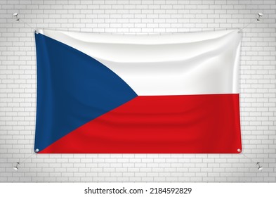 Bandera checa colgando en la pared de ladrillo. Dibujo 3D. Bandera pegada a la pared. Dibujar cuidadosamente en grupos en capas separadas para facilitar la edición.