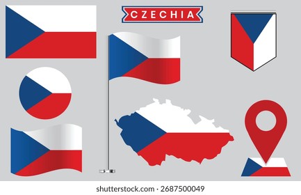 Czechia Flag Icon Set, Vector Map, Badge, Pin  Waving Flag Collection