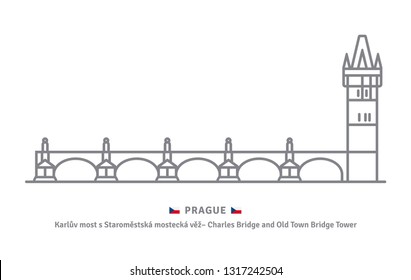 Czechia landmark line icon. Charles bridge with Old Town Bridge tower and Czech flag vector illustration.