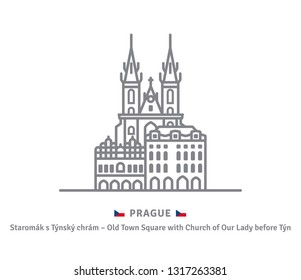 Czechia landmark line icon. Houses at Old Town Square and Church of Our Lady Before Tyn at  Prague and Czech flag vector illustration.