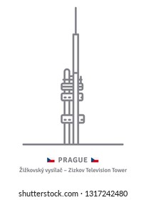 Czechia landmark line icon. Zizkov television tower and Czech flag vector illustration.