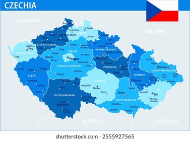 Czechia Map Vector Blue Spot - Customizable layered political map of Czech Republic with administrative divisions for website, education, reports, news, politics, print, poster and wallpaper