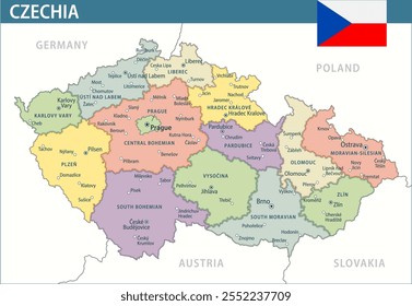 Czechia Map Vector New 2024 Colorful - Customizable layered political map of Czech Republic with administrative divisions for website, education, reports, news, politics, print, poster and wallpaper