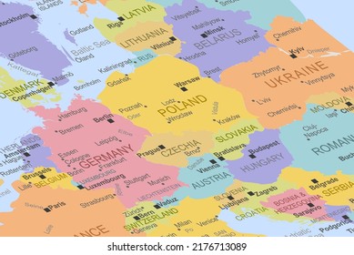 Czechia in the middle of europe map, close up Czechia, travel idea, pinned destination, top view, vacation and road trip concept, colorful map with location icon