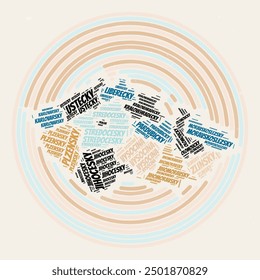 Czechia Round Poster. Typography style image of Country. Regions word clouds of Czechia. Vintage image design with scratch texture.