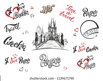 Czechia. Set of elements for design. Prague. Inspiring lettering. Charles bridge sketch. Hand drawing. Travel. Tourism industry. Vector.