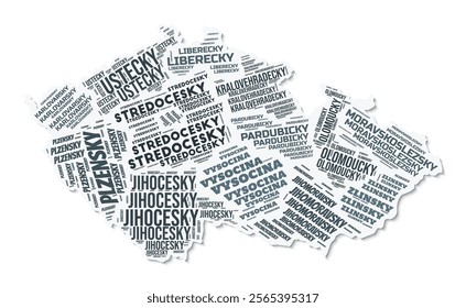 Czechia shape text cloud. Country border with shadow on white background. Czechia with regions division in vintage gazette style. Amazing vector illustration.