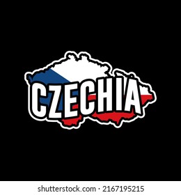 Czechia vector map silhouette illustration isolated on black background. Sticker, made in Czechia, map, silhouette, flag, emblem, identity, nation.