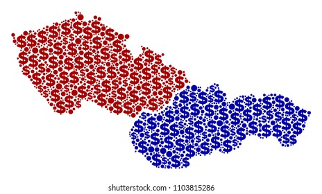 Czechoslovakia map collage of dollar symbols and round points in variable sizes. Abstract vector cash and GDP Czechoslovakia map.