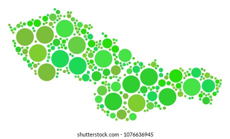 Czechoslovakia Map collage of random circle elements in various sizes and green color hues. Vector dots are composed into Czechoslovakia map collage. Eco geographic map vector illustration.