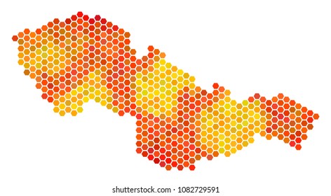 Czechoslovakia map. Vector hexagonal territorial scheme drawn with bright orange color tints. Abstract Czechoslovakia map collage is constructed with fire hex tile items.
