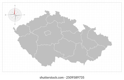 Mapa de la República Checa con estilo gris y elemento compás.