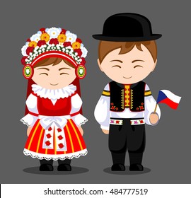 Czechs in national dress with a flag. Man and woman in traditional costume. Travel to Czech Republic. People. Vector flat illustration.